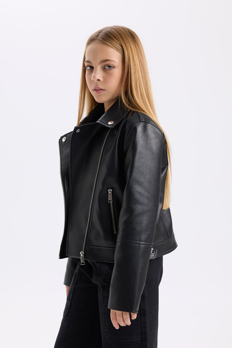 DeFacto Black Girl Girl Zippered Faux Leather Waterproof Jacket Casual - Image 4